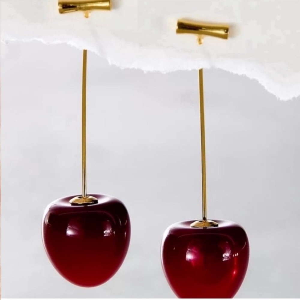 New! Red Cherry Drop Earrings 24k Gold Plated New